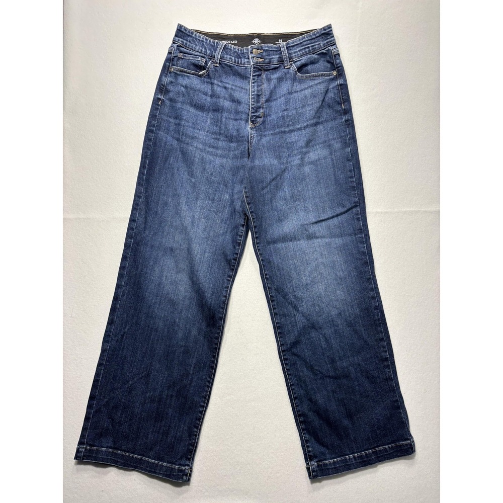 St. John's Bay Jeans Womens 14 Blue Medium Wash High Rise Wide Leg Stretch 34x28